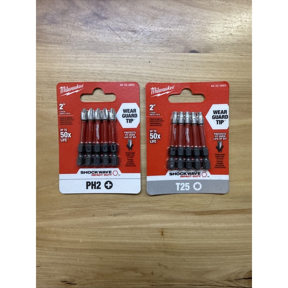 Lot Of 2 Milwaukee SHOCKWAVE 2" Philips Impact Bits  PH2 & T25